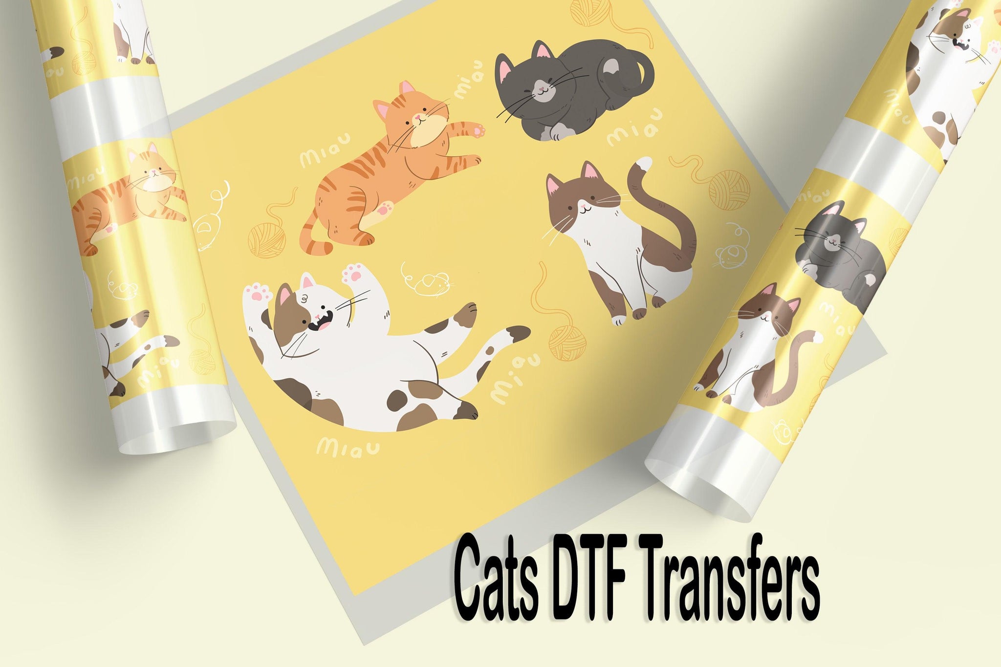 Direct to Film Transfer Design Collection showcasing vibrant cat-inspired patterns