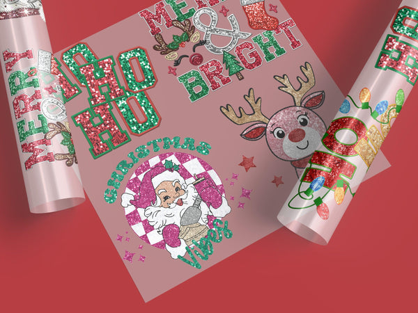 Christmas-themed ready-to-press DTF transfers with festive designs like Santa, snowflakes, and holiday quotes for custom apparel.