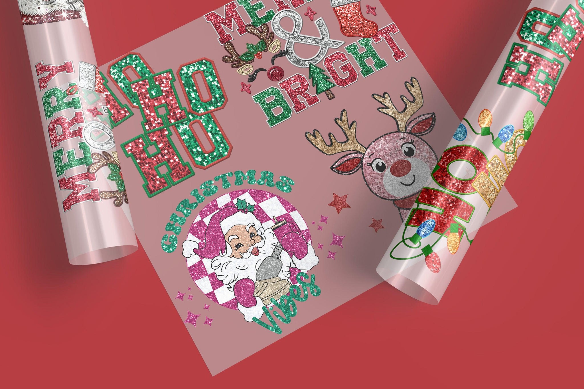 Christmas-themed ready-to-press DTF transfers with festive designs like Santa, snowflakes, and holiday quotes for custom apparel.