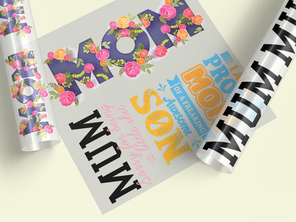 Mother's Day DTF transfer designs collection featuring vibrant, ready-to-press graphics for custom apparel, including quotes and floral patterns