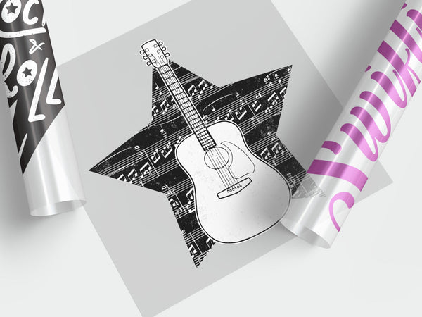 Music-themed ready-to-press DTF transfer designs for custom apparel.