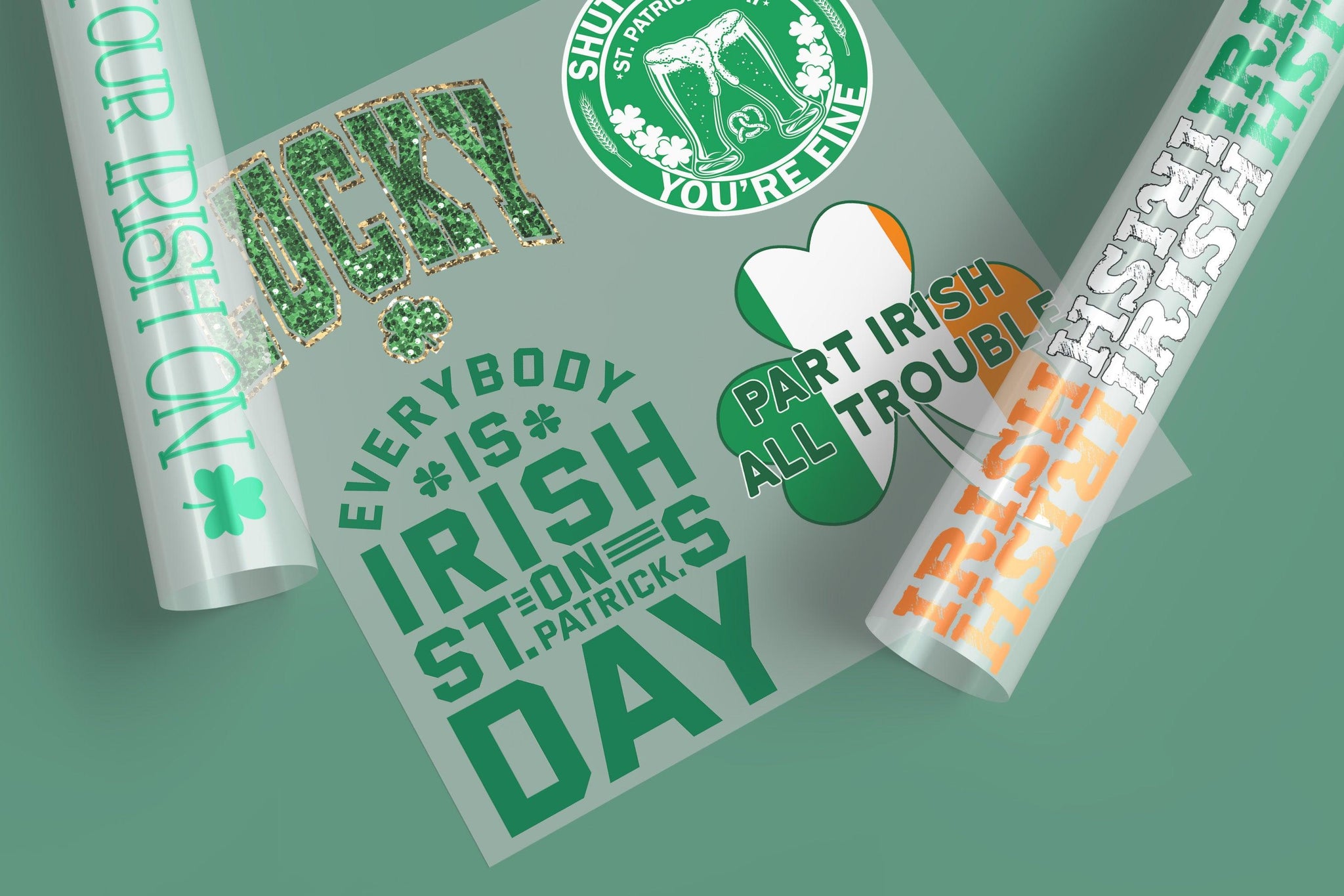 St. Patrick's Day Ready-to-Press DTF Transfer Designs Collection featuring vibrant, festive designs for custom apparel like t-shirts and hoodies