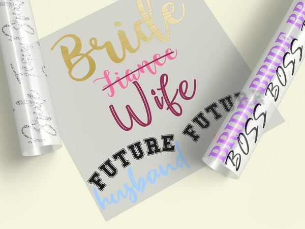 Wedding themed ready-to-press DTF transfer designs collection for custom apparel and accessories