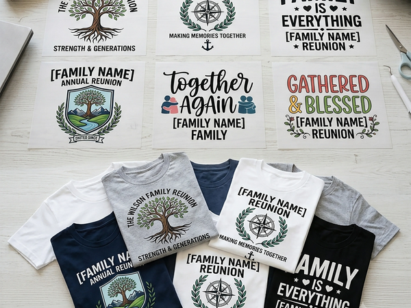 Family Reunion DTF Transfers Ready To Press — matching family name, Together Again, Gathered & Blessed and Family is Everything designs shown on folded t-shirts by Mugsie