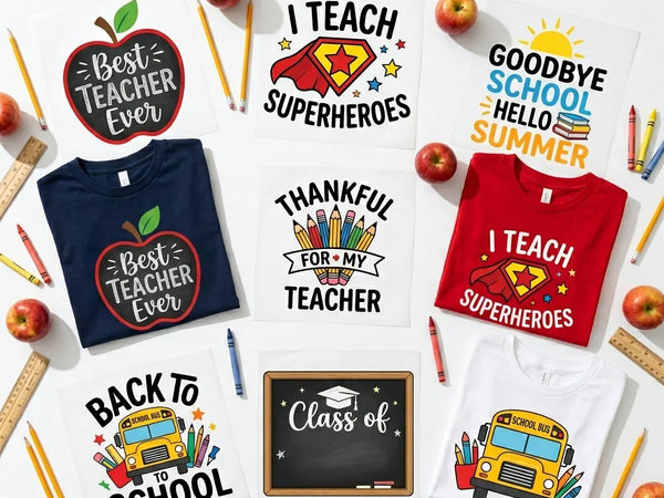 Teacher & Back to School DTF Transfers Ready To Press — Best Teacher Ever, I Teach Superheroes, Goodbye School Hello Summer, Thankful for My Teacher, Back to School bus and Class of designs shown on navy, red and white t-shirts by Mugsie