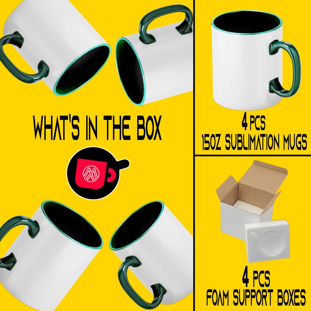 Hunter Green Mug Set - 4 Pack (15oz) | Hunter Green Interior | Individually Packaged | Foam Support Boxes