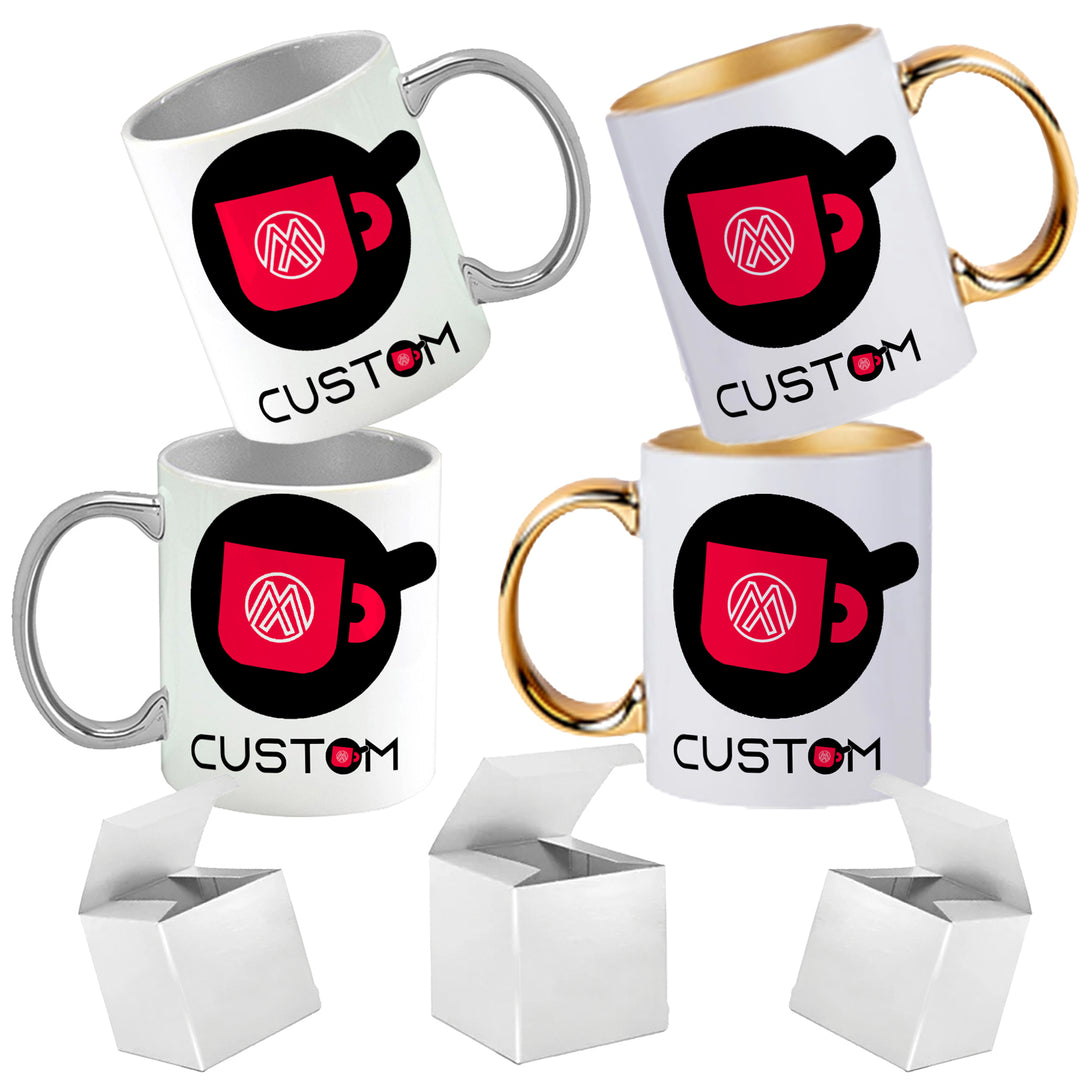11oz Custom Ceramic Coffee Mug with Metallic Inner Handle - Includes Gift Box and Full Color Print