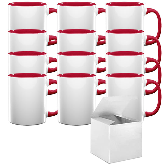 12-Piece Set: 15oz El Grande Red Inner Handle Sublimation Mugs with White Gift Boxes