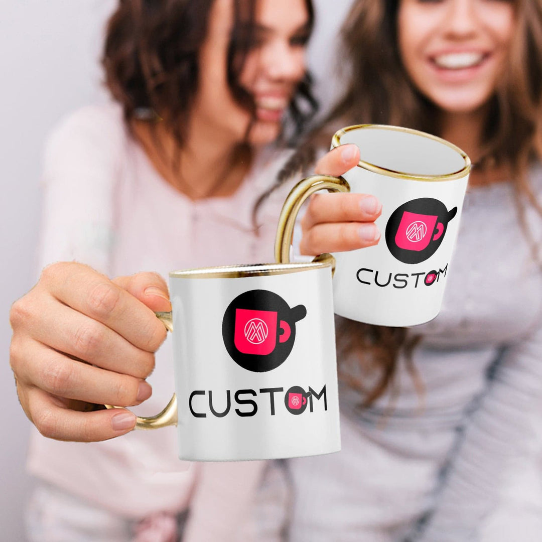 Personalized Metallic Rim Ceramic Coffee Mug - 11oz Custom Mugs with Gift Box - Full Color Print.
