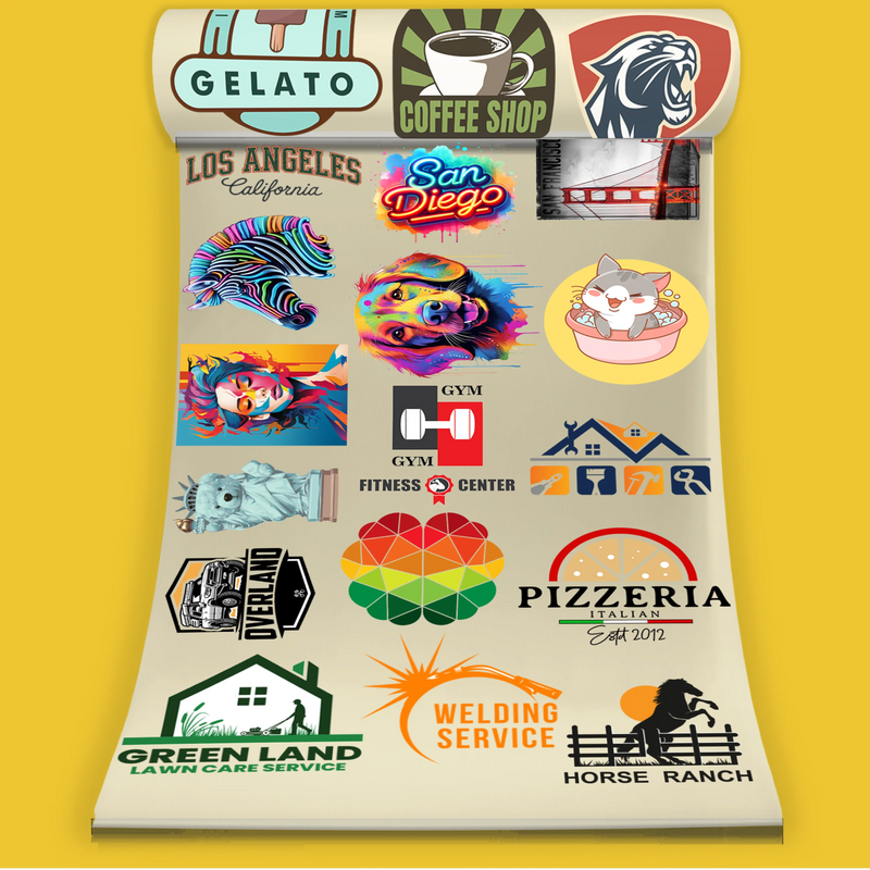 A printed roll of a custom DTF transfer gang sheet unrolling vertically on a bright yellow background, featuring a batch of vibrant, multi-colored business logos and graphic illustrations