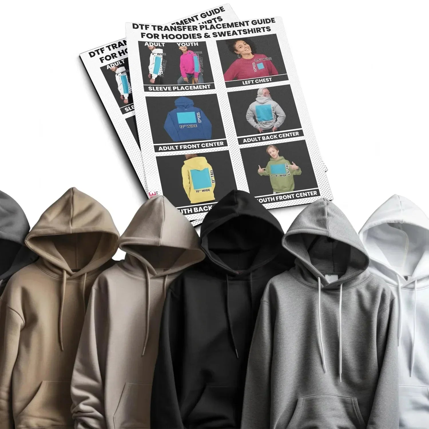 DTF Transfer Placement Guide for Hoodies & Sweatshirts – A visual guide showing proper alignment for front, back, and sleeve prints