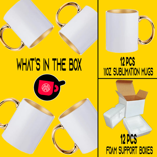 12 Pack 11 oz. Gold Inner and Handle Ceramic Sublimation Mugs - Includes Foam Supports Mug Shipping Boxes.