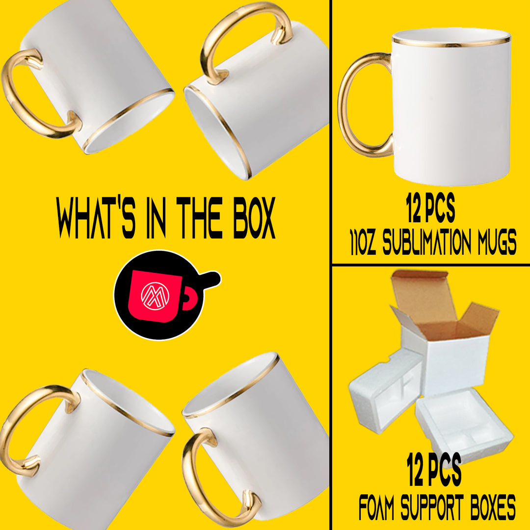 12-Pack 11oz Gold Rim & Handle Sublimation Mugs | Includes Foam Support Mug Shipping Boxes.