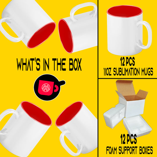 12 PACK - 11 oz. Red Inner and White Handle Ceramic Sublimation Mugs - Includes Foam Shipping Mug Boxes.