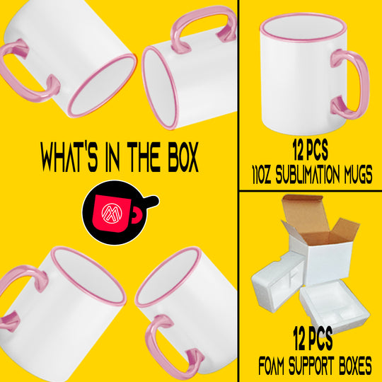12-Piece Set of 11oz Pink Rim & Handle Sublimation Mugs with Foam Support Mug Shipping Boxes.