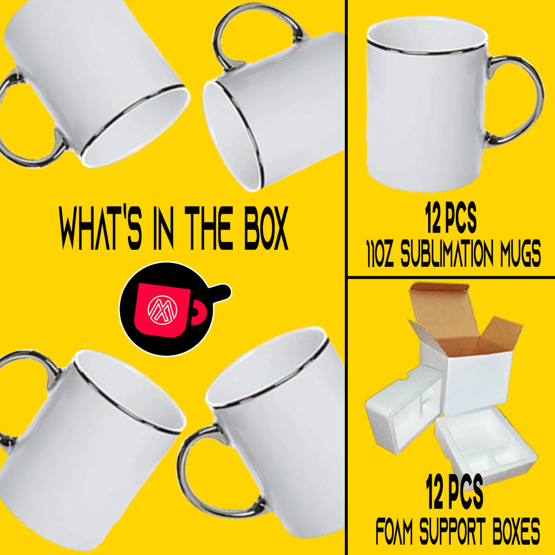 12-Pack of 11 oz. SILVER Rim and Handle Ceramic Sublimation Mugs - Includes Foam Supports for Mug Shipping Boxes.