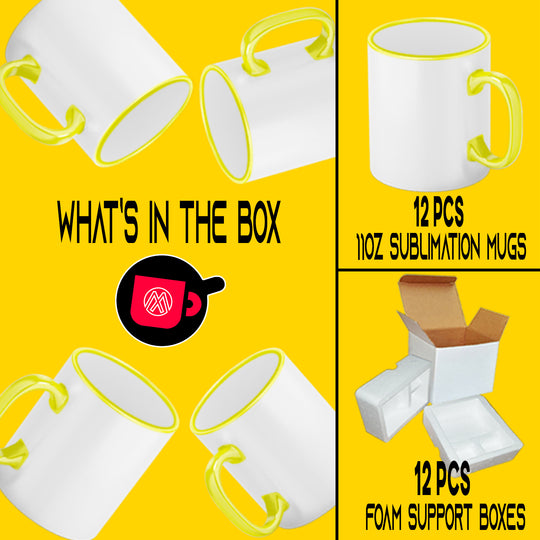 12-Pack of 11oz Yellow Rim & Handle Sublimation Mugs with Foam Support Mug Shipping Boxes.