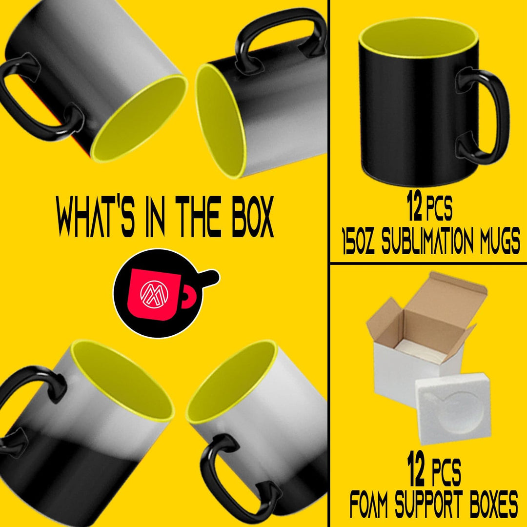 12 Pack of 15oz Yellow Inner Color Changing Sublimation Mugs - Includes Foam Support Mug Shipping Boxes.