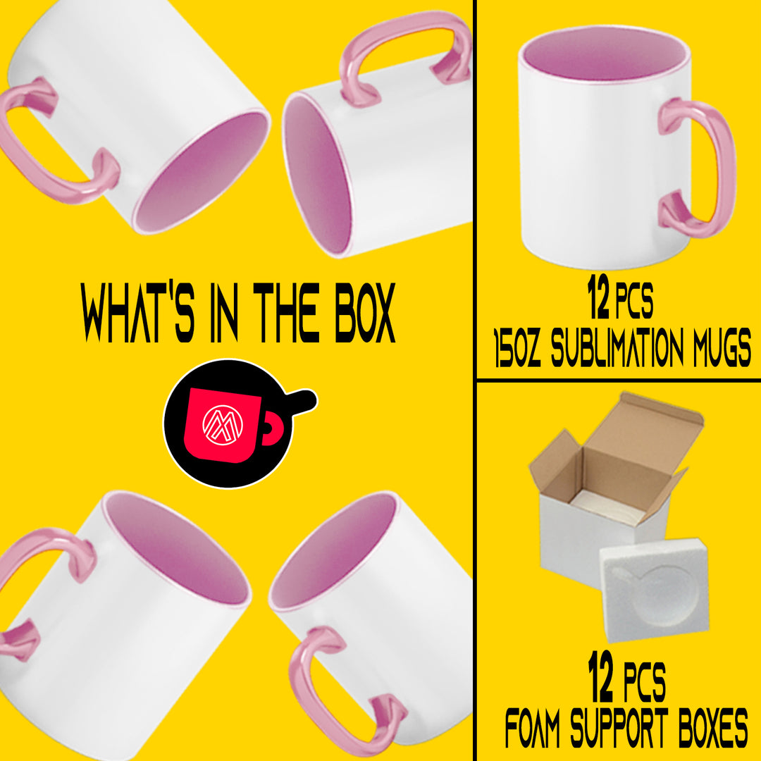 12-Piece Set: 15 oz. El Grande Pink Sublimation Mugs | Foam Support and Gift Boxes Included.