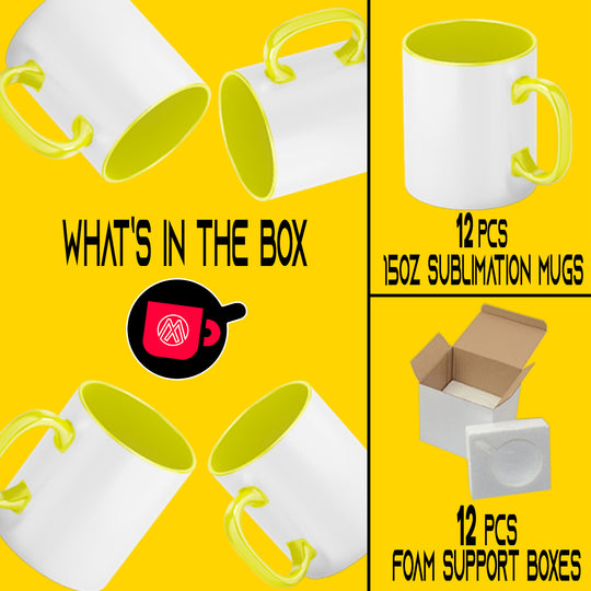 12 Pcs 15OZ El Grande Yellow Inside & Handle Sublimation Mugs with Foam Support Mug Shipping Boxes.