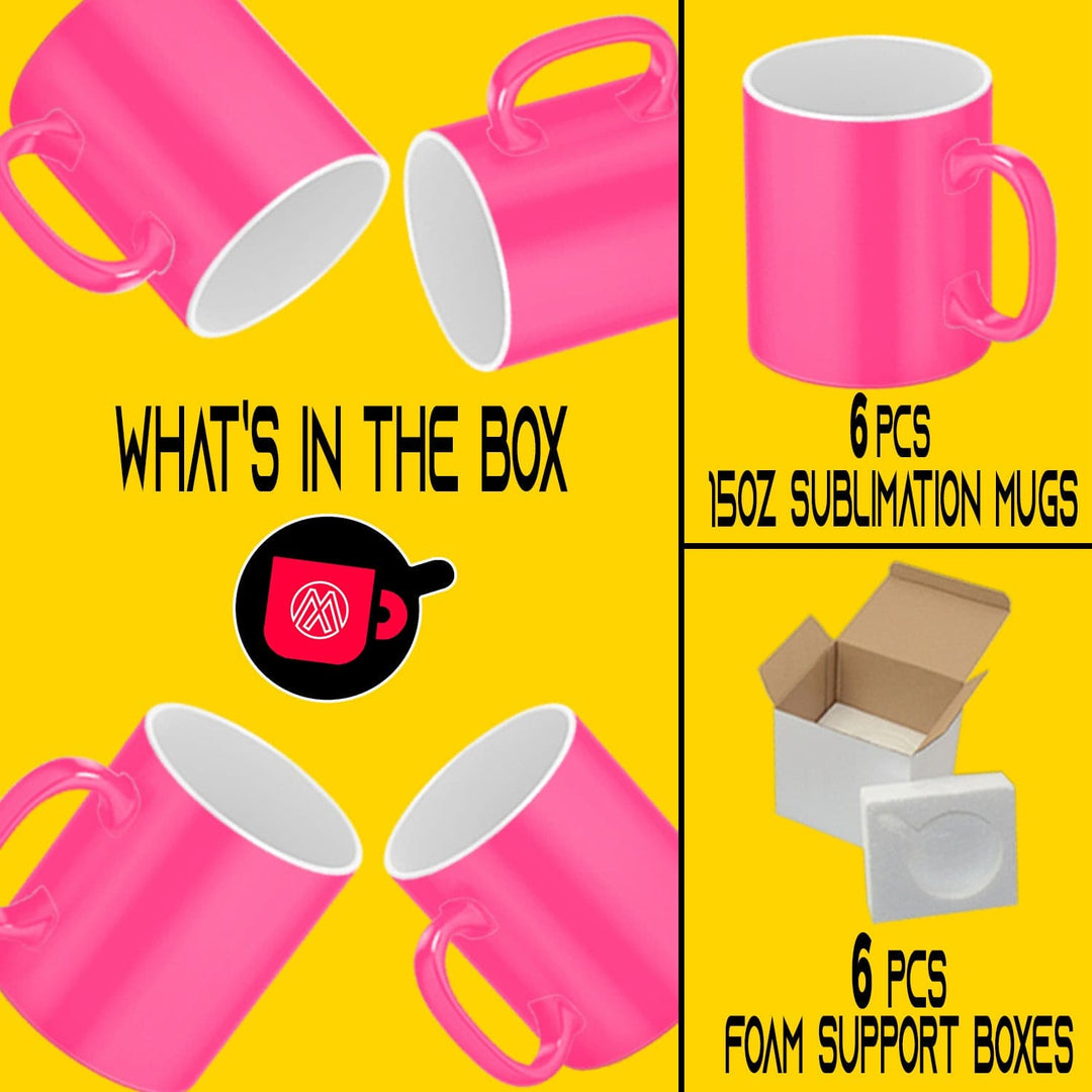 Pink Fluorescent Neon Sublimation Mugs - 6 Pack (15oz) | Foam Shipping Boxes Include.