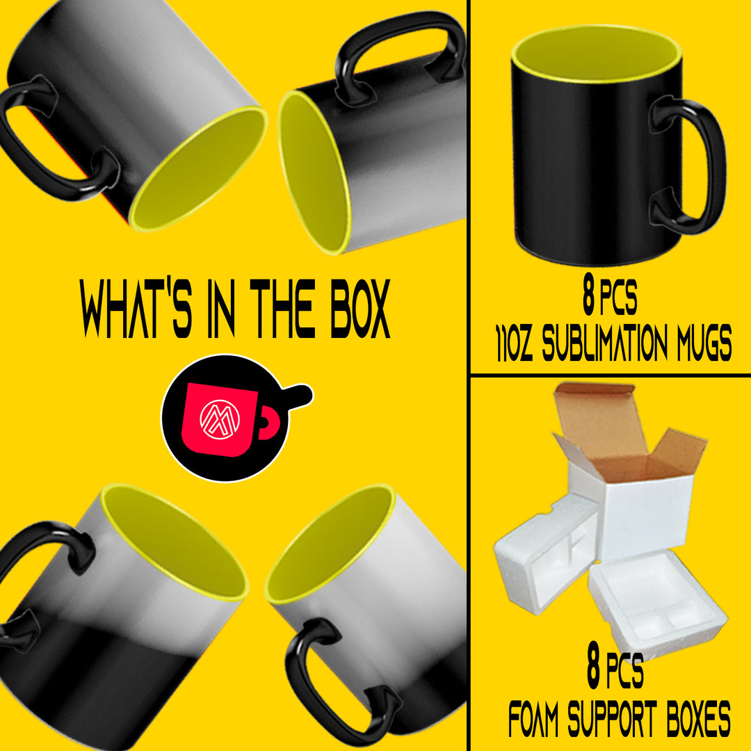 8-Pack Sublimation Color Changing Mug Set (11oz) with Yellow Interior | Heat Sensitive Mugs | Included Foam Support Mug Shipping Boxes.