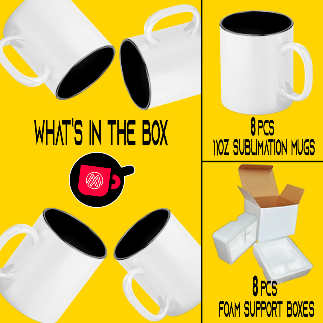 8 PACK - 11 oz. Ceramic Mug Set - Black Two-Tone - Foam Support Mug Shipping Boxes Included.