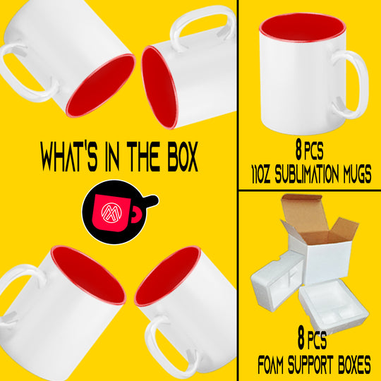 8 PACK 11 oz. Red Two-Tone Sublimation Ceramic Mugs - Includes Foam Support Mug Shipping Boxes.