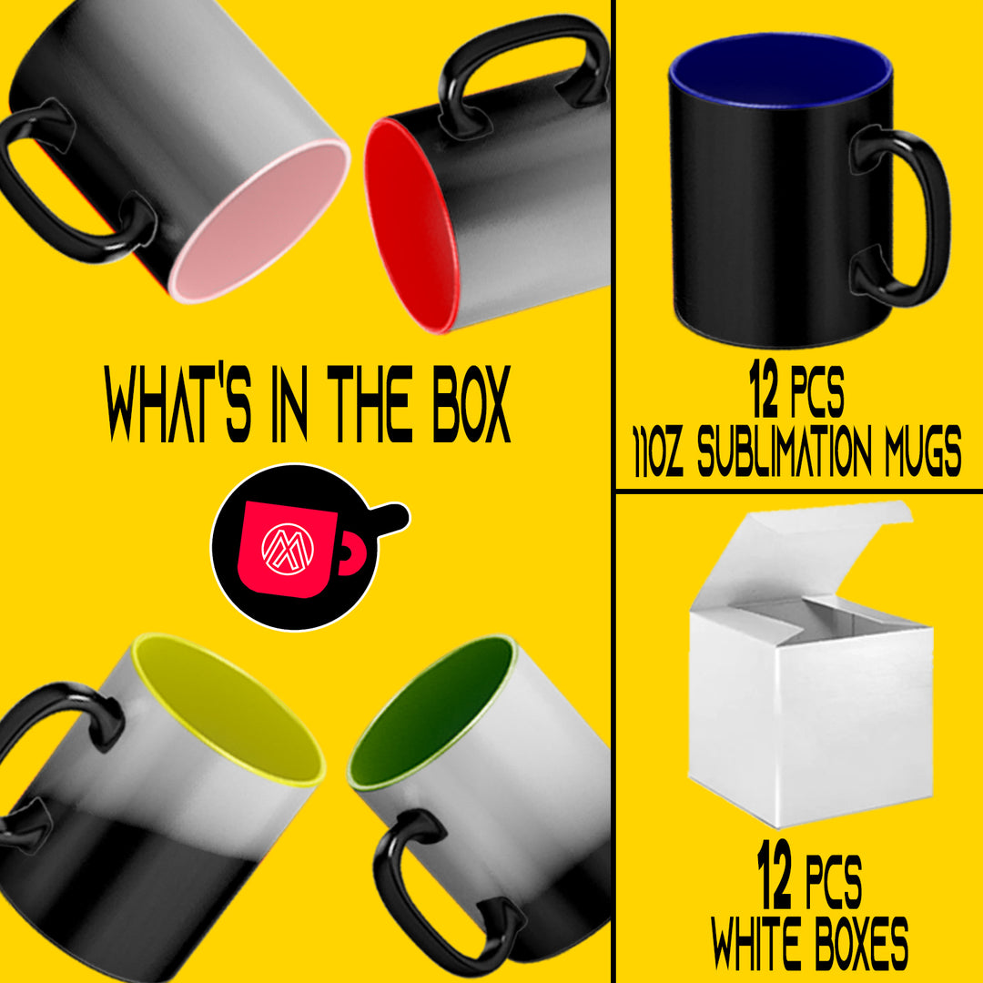 Set of 12 11 oz Mixed Colors Inner Magic Mugs - Professional Grade Sublimation Mug - With Individual White Gift Boxes.