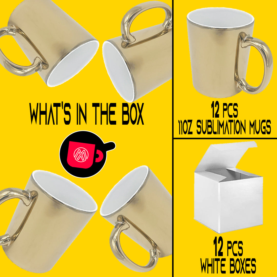 12 Pack of 11 oz. METALLIC GOLD Ceramic Sublimation Mugs with White Gift Boxes.