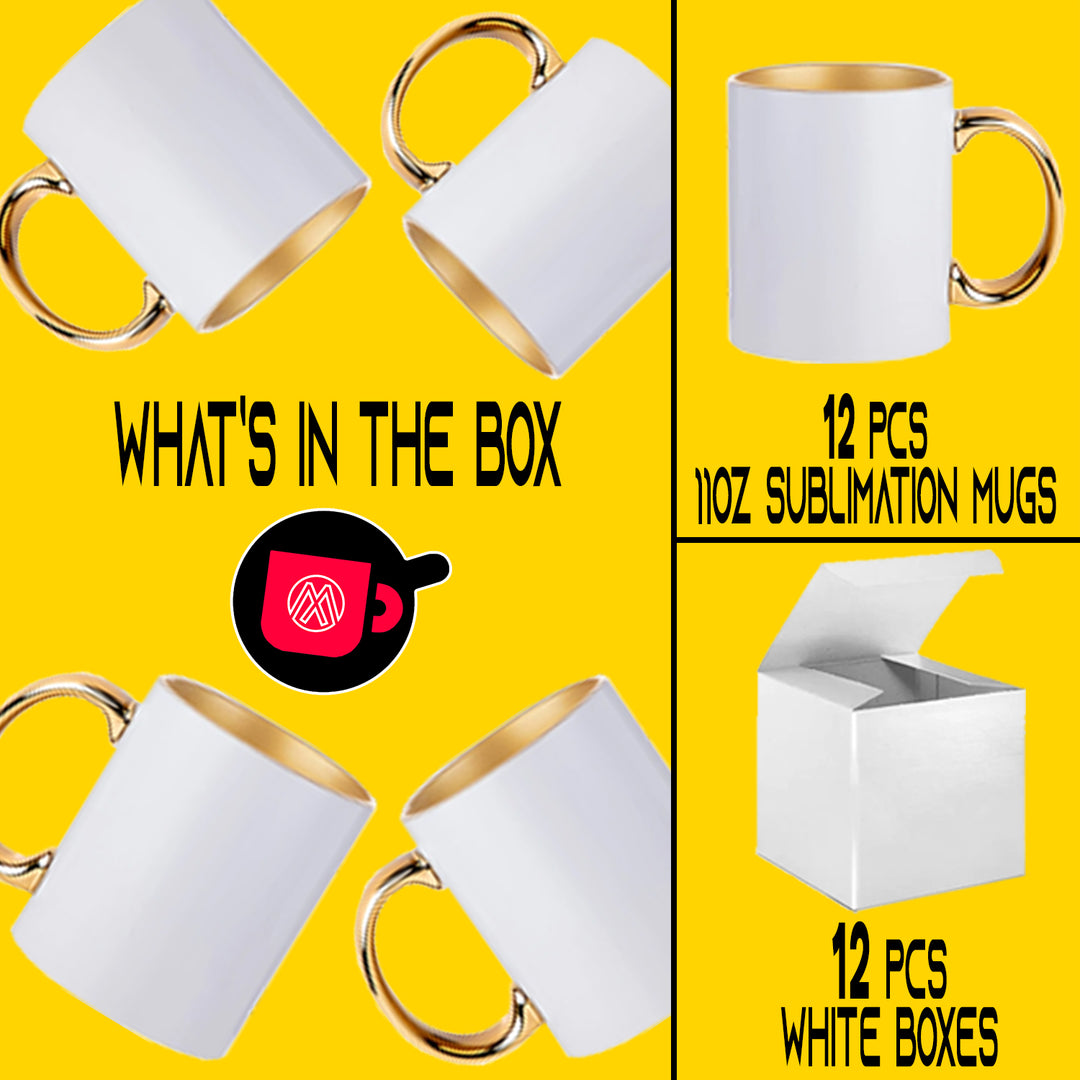 12 Pack 11 oz. Gold Inner & Handle Sublimation Mugs - Included White Gift Boxes.