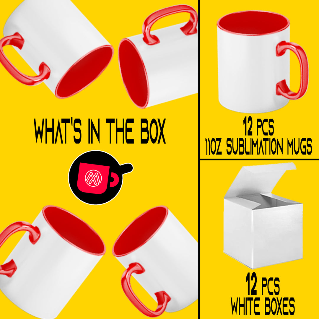 Pack of 12 Premium 11oz Red Inner & Handle Sublimation Mugs - with White Gift Boxes.