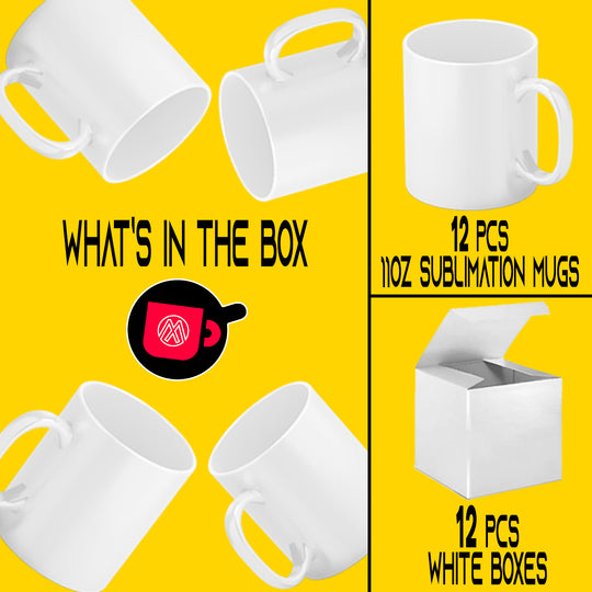 Set of 12 11oz White Sublimation Mugs - Includes White Gift Boxes.