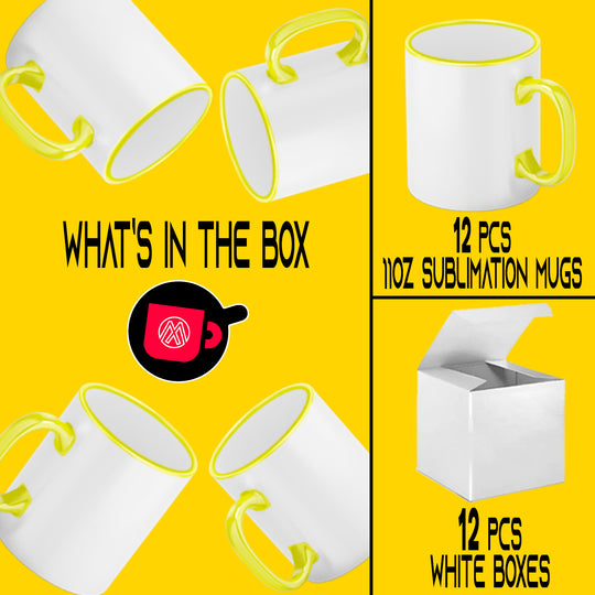 12-Piece Set of Yellow Rim & Handle Sublimation Mugs - Includes Mug Gift Boxes.