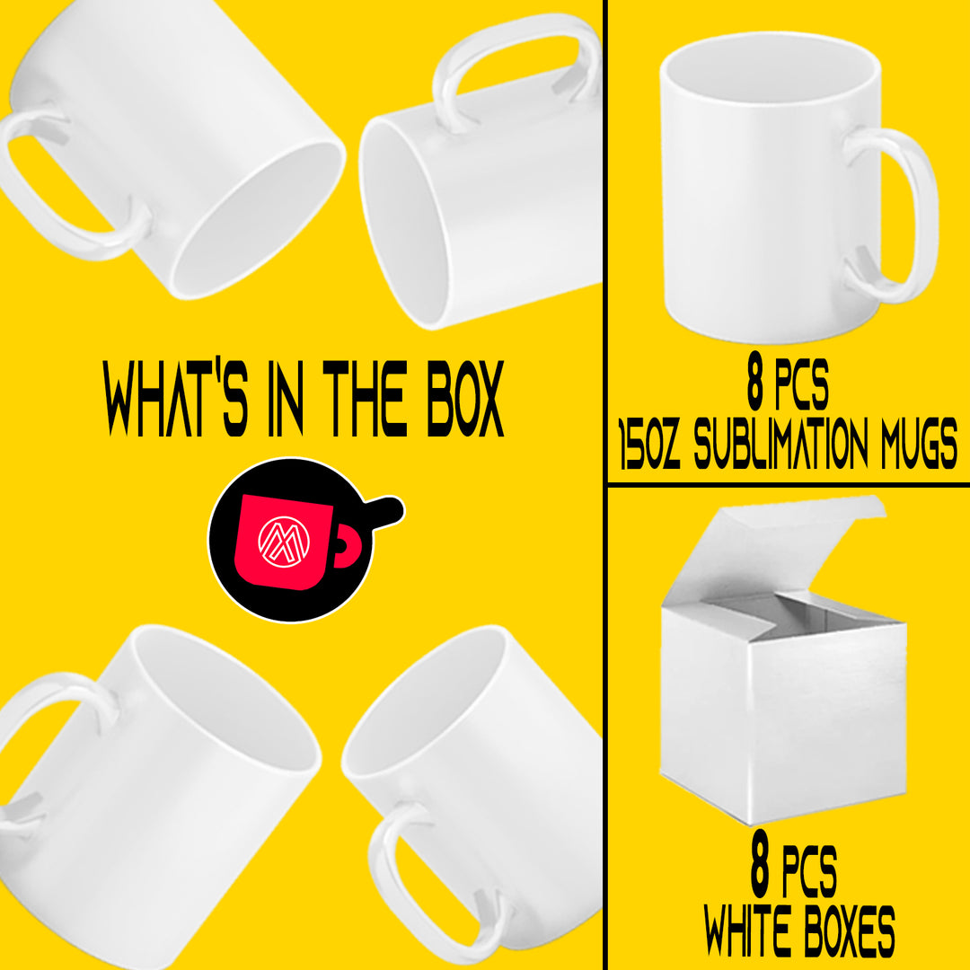 8 Pcs 15OZ El Grande White Sublimation Mugs - Includes Mug Gift Boxes.