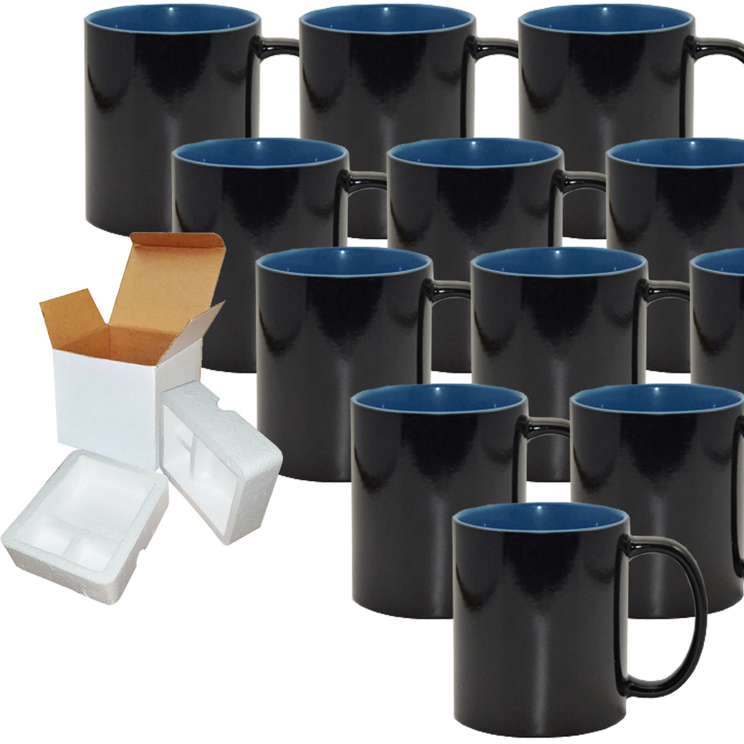 12-Pack 11oz Blue Inner Color Charging Sublimation Mugs - Includes Foam Support Mug Shipping Boxes.