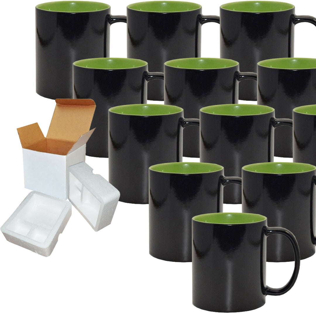 12-Pack of 11oz Green Inner Color Charging Sublimation Mugs with Foam Support Mug Shipping Boxes.