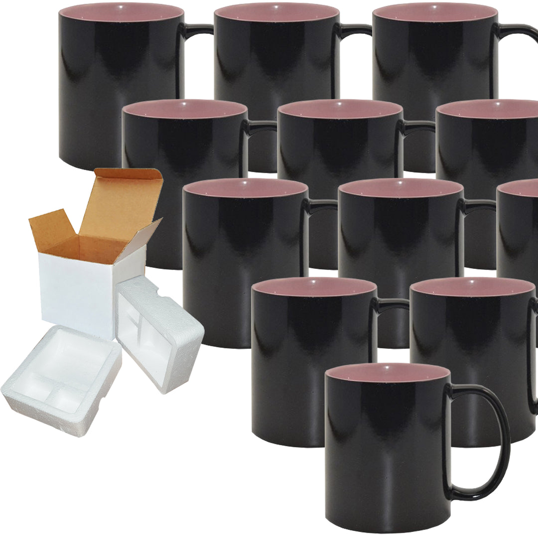 12 Pack of 11oz Pink Inner Color Changing Sublimation Mugs - Foam Support Mug Shipping Boxes.