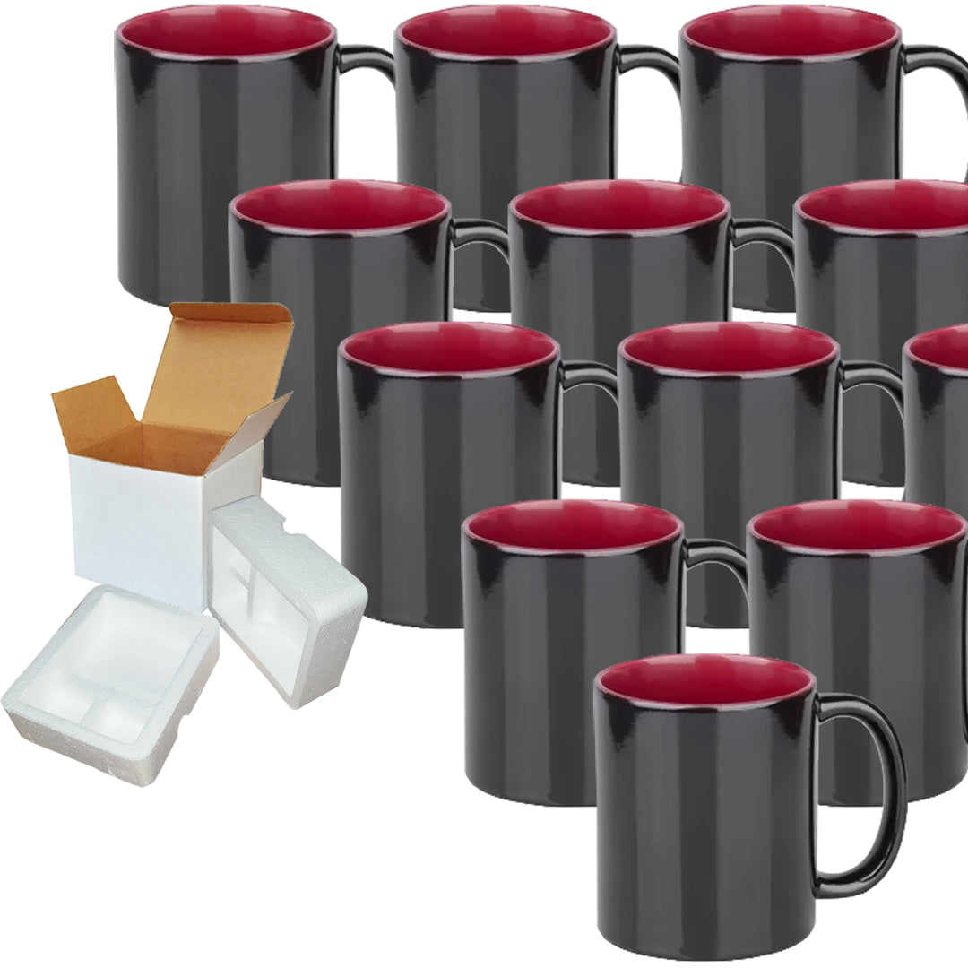12 Pack of 11oz Red Inner Color Charging Sublimation Mugs - Includes Foam Supports Mug Shipping Boxes.
