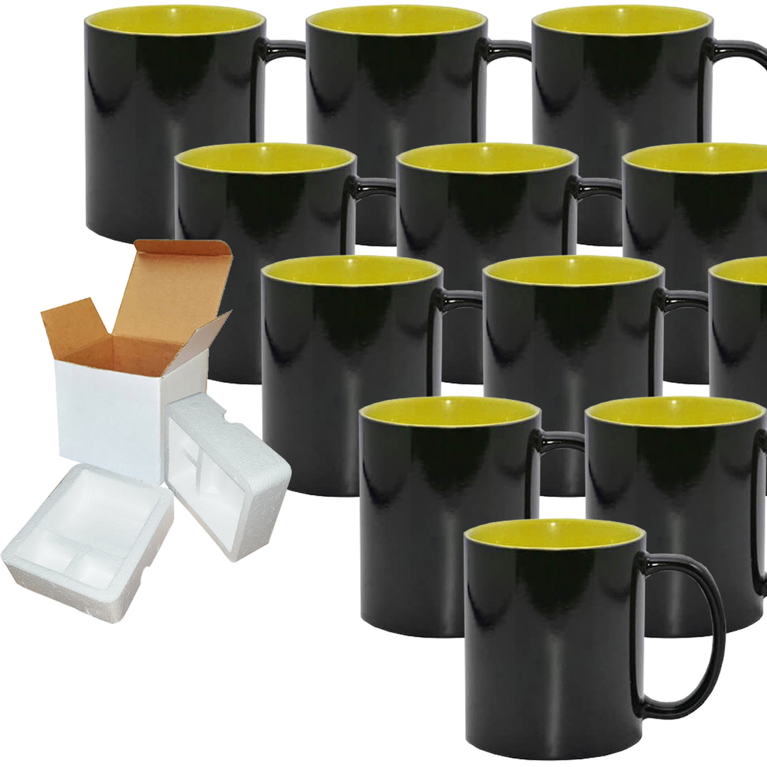12 Pack of 11oz Yellow Inner Color Changing Sublimation Mugs - Includes Foam Support Mug Shipping Boxes.