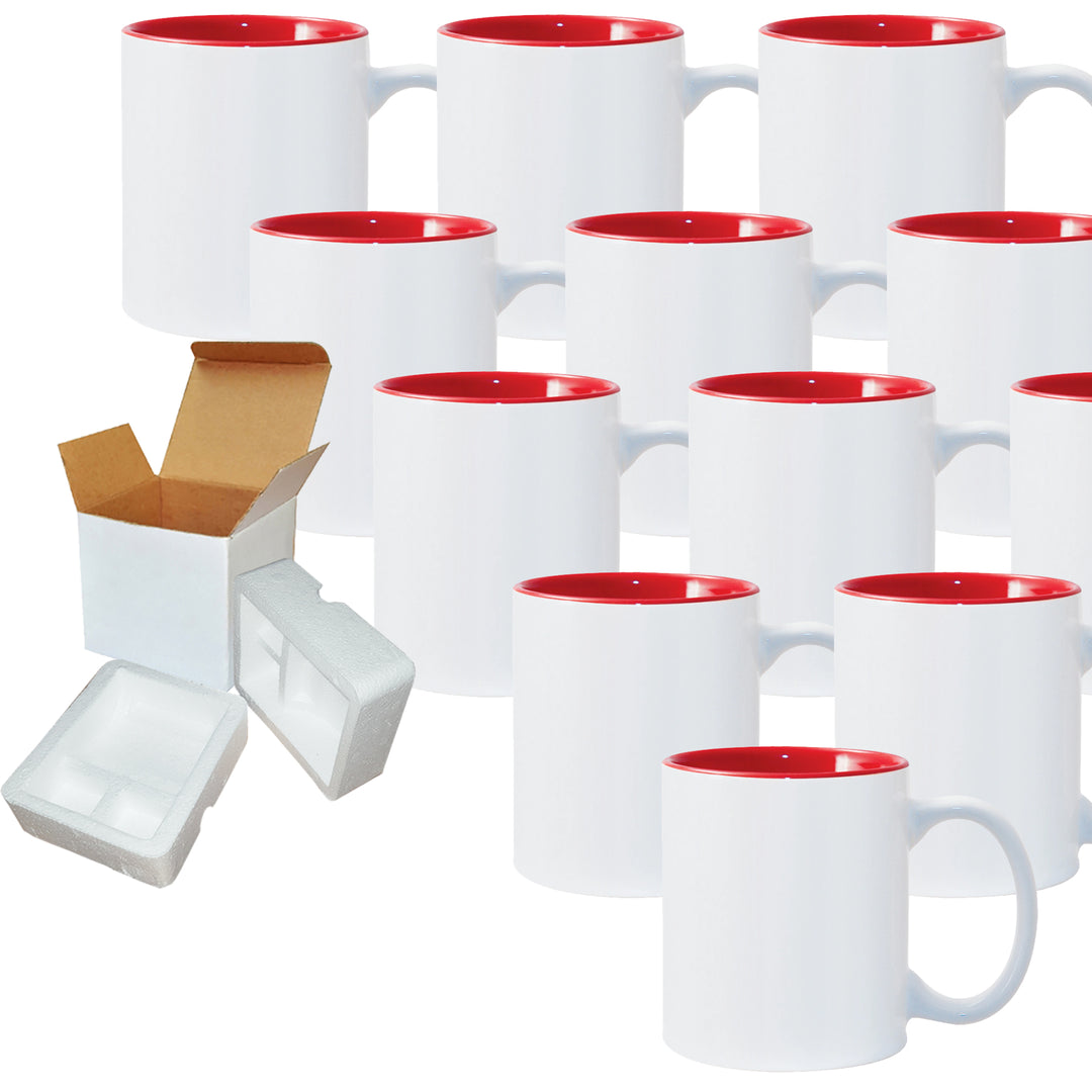 12 PACK - 11 oz. Red Inner and White Handle Ceramic Sublimation Mugs - Includes Foam Shipping Mug Boxes.