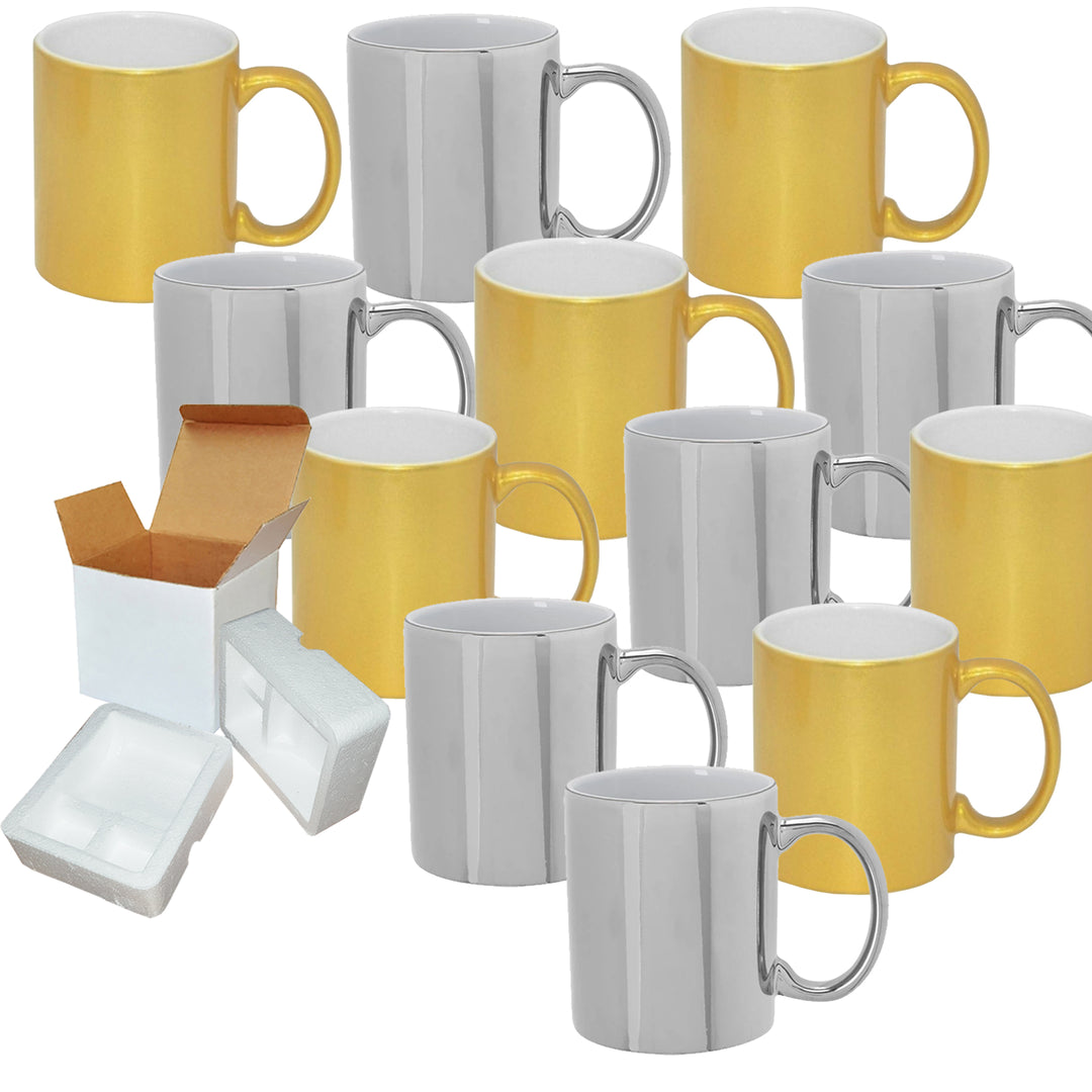 12-Pack of 11 oz. Metallic Silver & Gold Inner & Handle Sublimation Mugs - Includes Foam Supports and Mug Shipping Boxes.