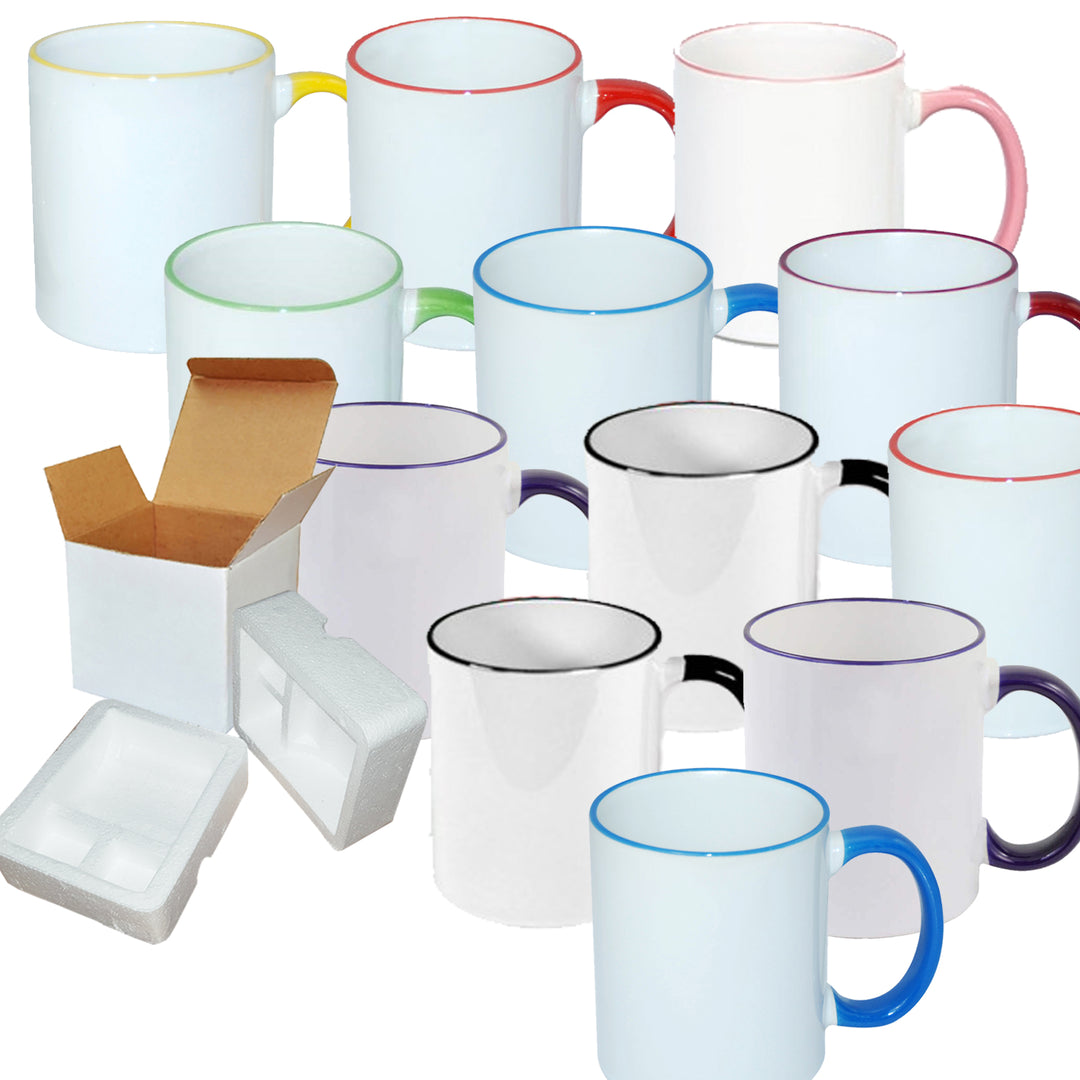 12 Pack of 11 oz Mixed Rim Professional Grade Sublimation Mugs - Includes Foam Support Shipping Box.