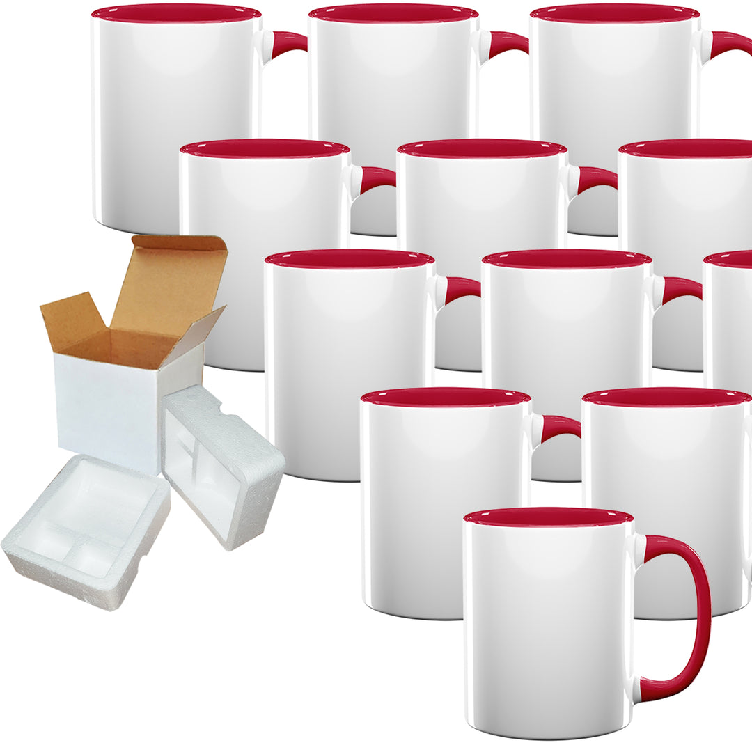Case of 12: 11oz Red Inner & Handle Ceramic Sublimation Coffee Mugs - Foam Support & Shipping Boxes Included.