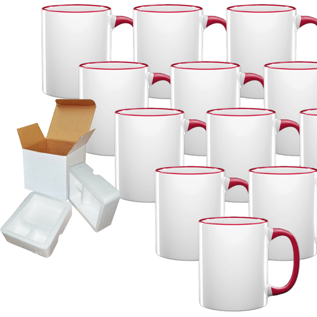 12-Pack: 11oz Red Rim & Handle Sublimation Mugs with Foam Support Shipping Boxes.