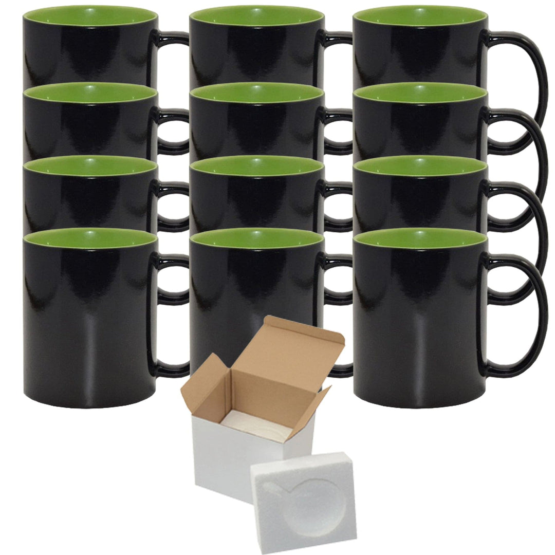 Set of 12 15oz Green Inner Color Changing Sublimation Mugs - Magic Color Charging - Included Foam Support Mug Shipping Boxes.