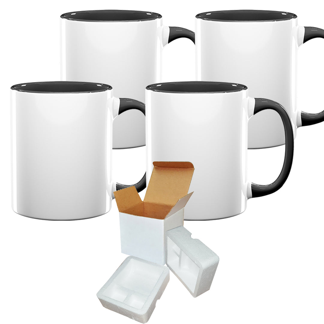 4 Pcs 11OZ Black Inner & Handle Sublimation Mugs With Foam Support Boxes.