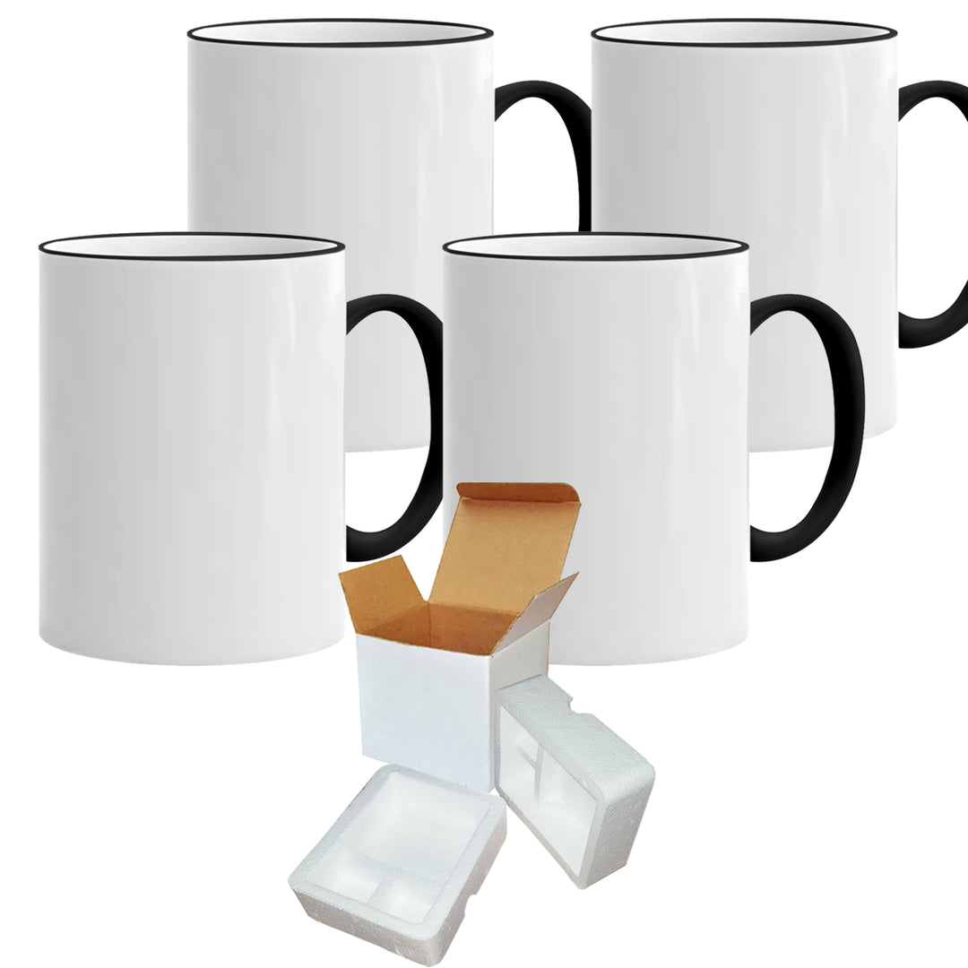 4-Pack 11 oz Black Rim & Handle Sublimation Mugs with Foam Support Mug Shipping Boxes.