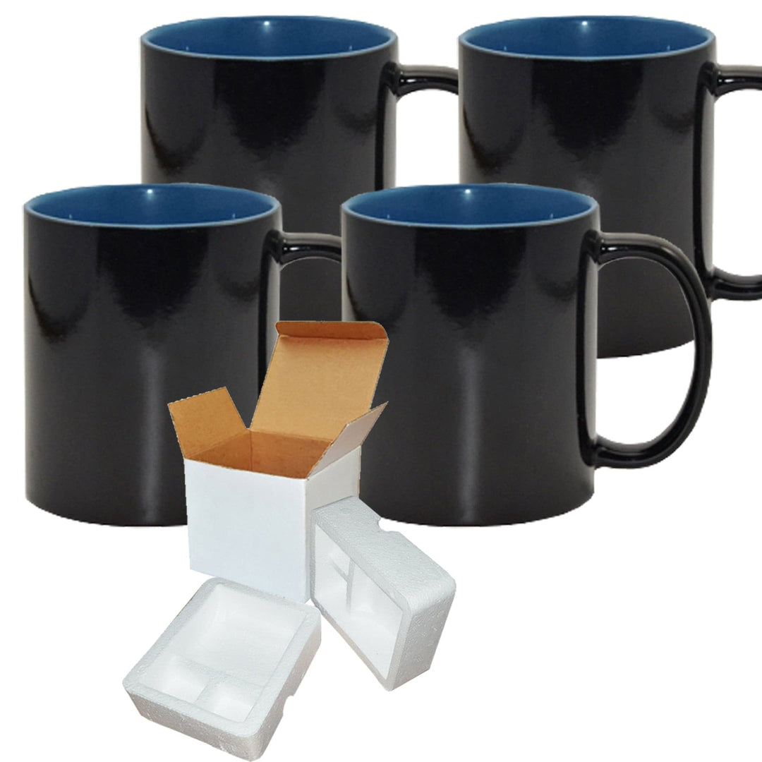 Color Changing Mug Set - 4 Pack (11oz) with Blue Inside | Individually Packaged in Foam Support Boxes.