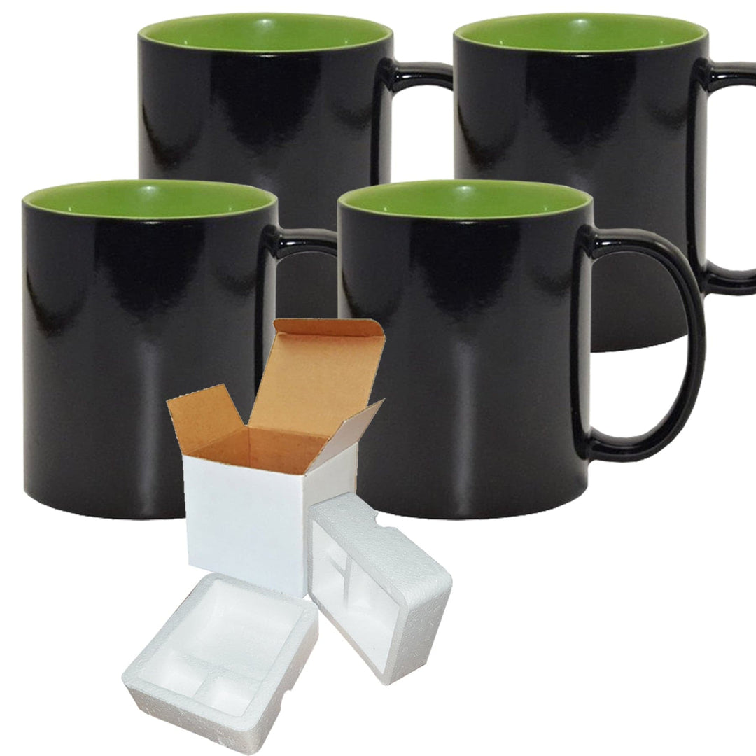 Color Changing Mug Set - 4 Pack (11oz) with Green Interior | Foam Support Mug Shipping Boxes.